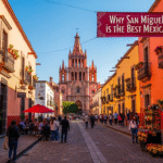 Colorful colonial buildings in San Miguel de Allende at sunset