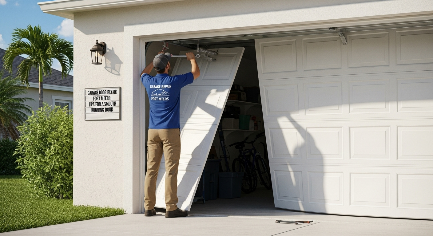 Technician performing garage door repair Fort Myers