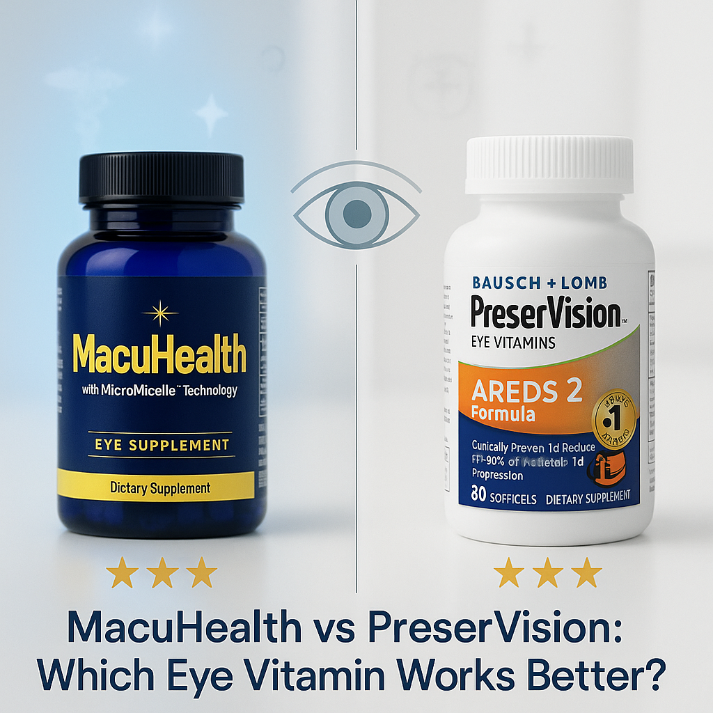MacuHealth vs PreserVision eye vitamin bottles side by side comparison