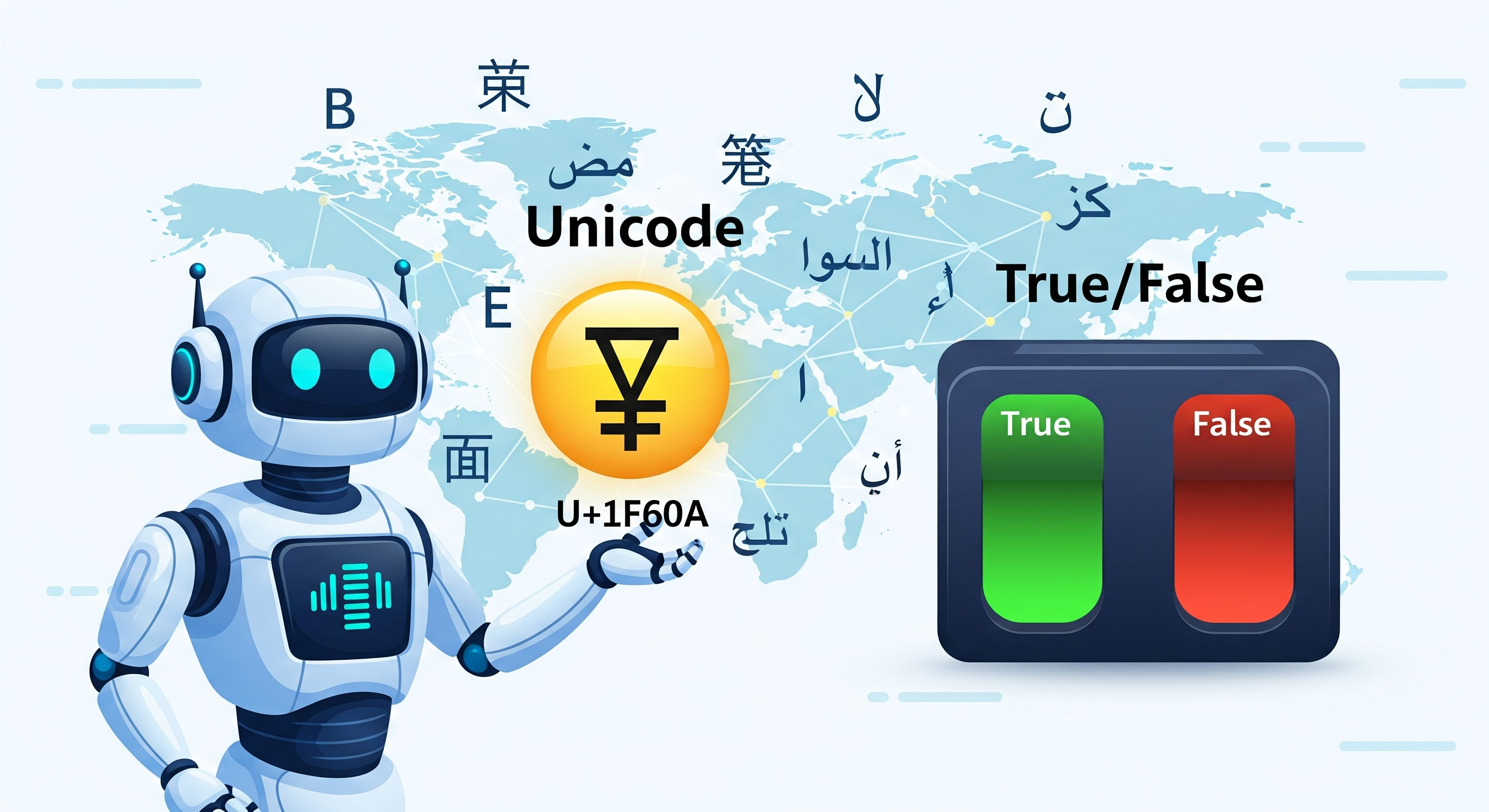 Infographic of AI Unicode True False showing robot with emoji and binary switch