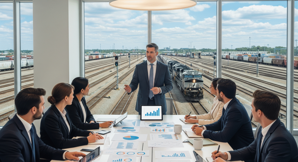 Claude Edward Elkins Jr in a corporate meeting with a rail yard view