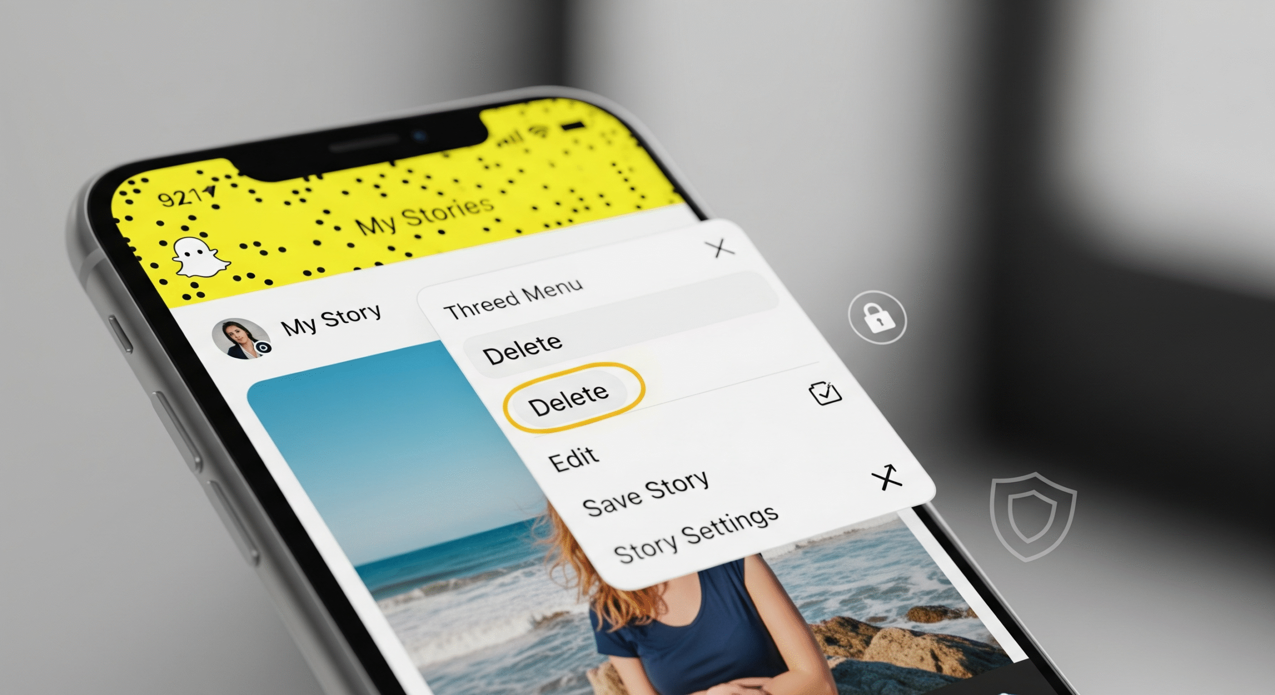Snapchat Story deletion menu on smartphone screen, showing delete Snapchat stories option.