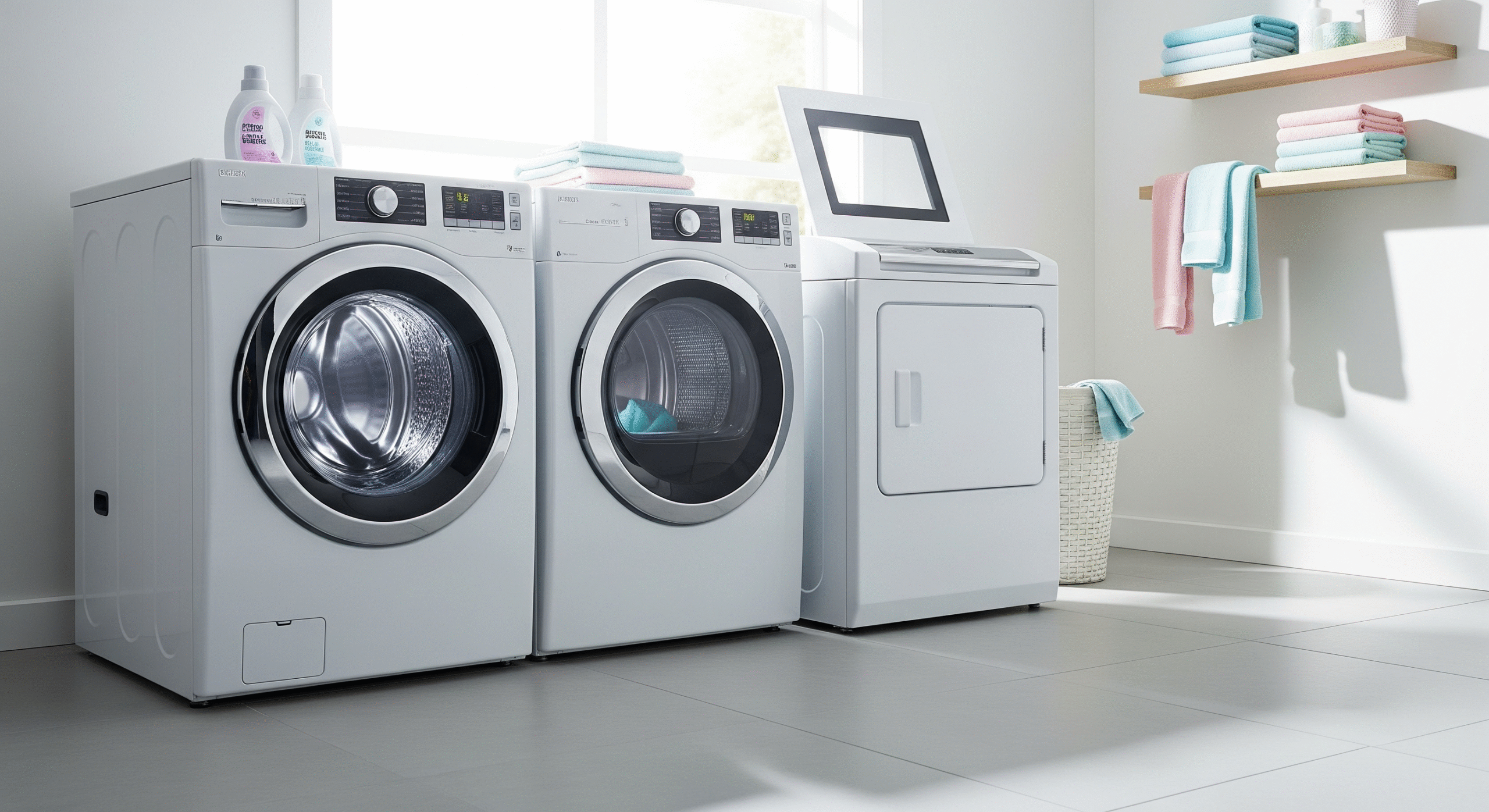 Front door vs top door washing machine comparison in a modern laundry room.
