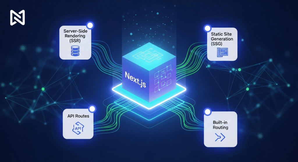 Next.js React framework by Vercel with SSR, SSG, API routes, and built-in routing for modern, SEO-friendly web applications
