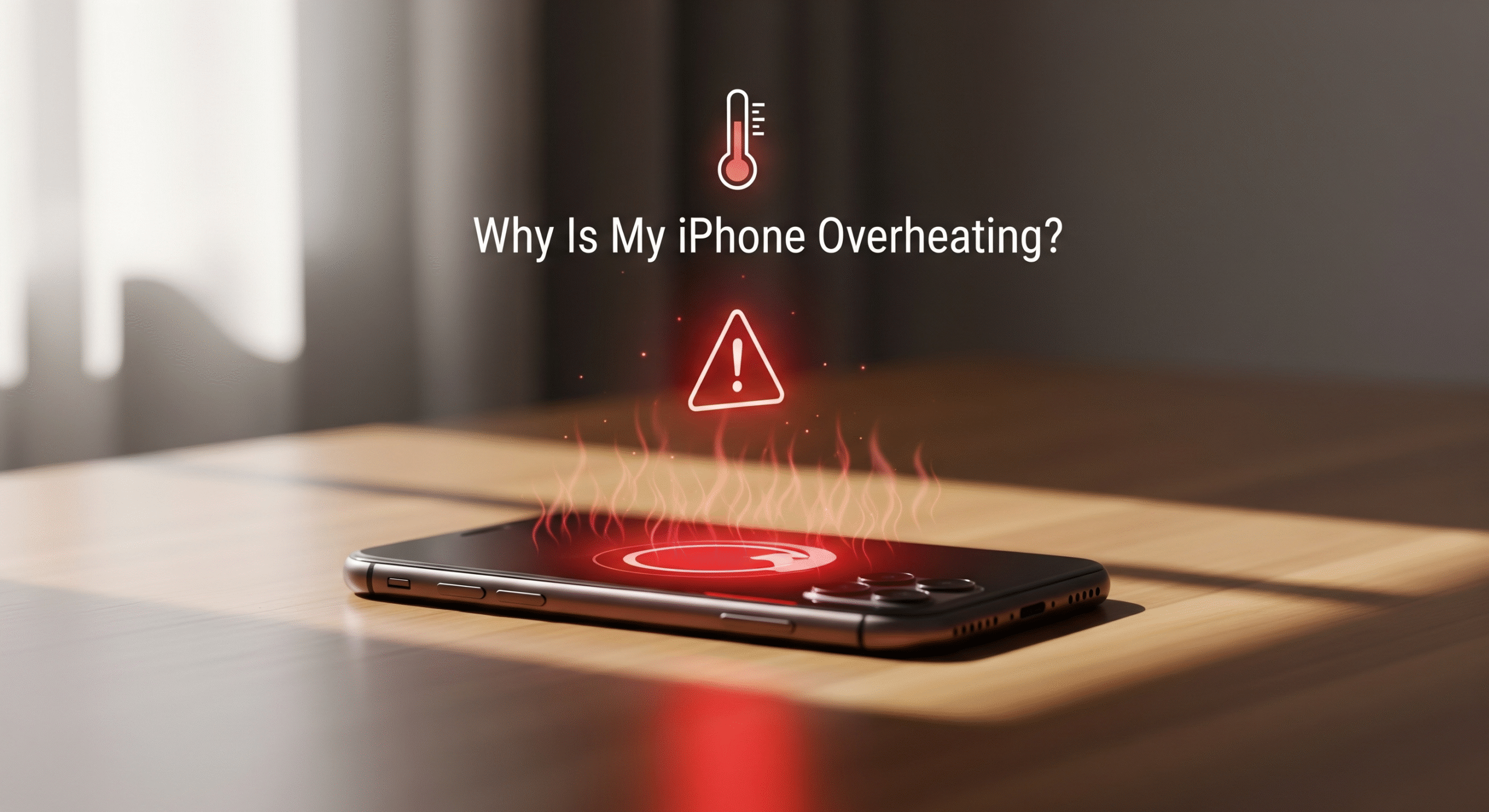 iPhone overheating on a table with a warning symbol, illustrating why is my iPhone overheating and how to fix it.
