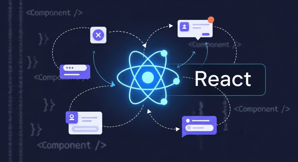 React JavaScript library by Facebook for building reusable UI components with flexibility, performance, and a vast ecosystem